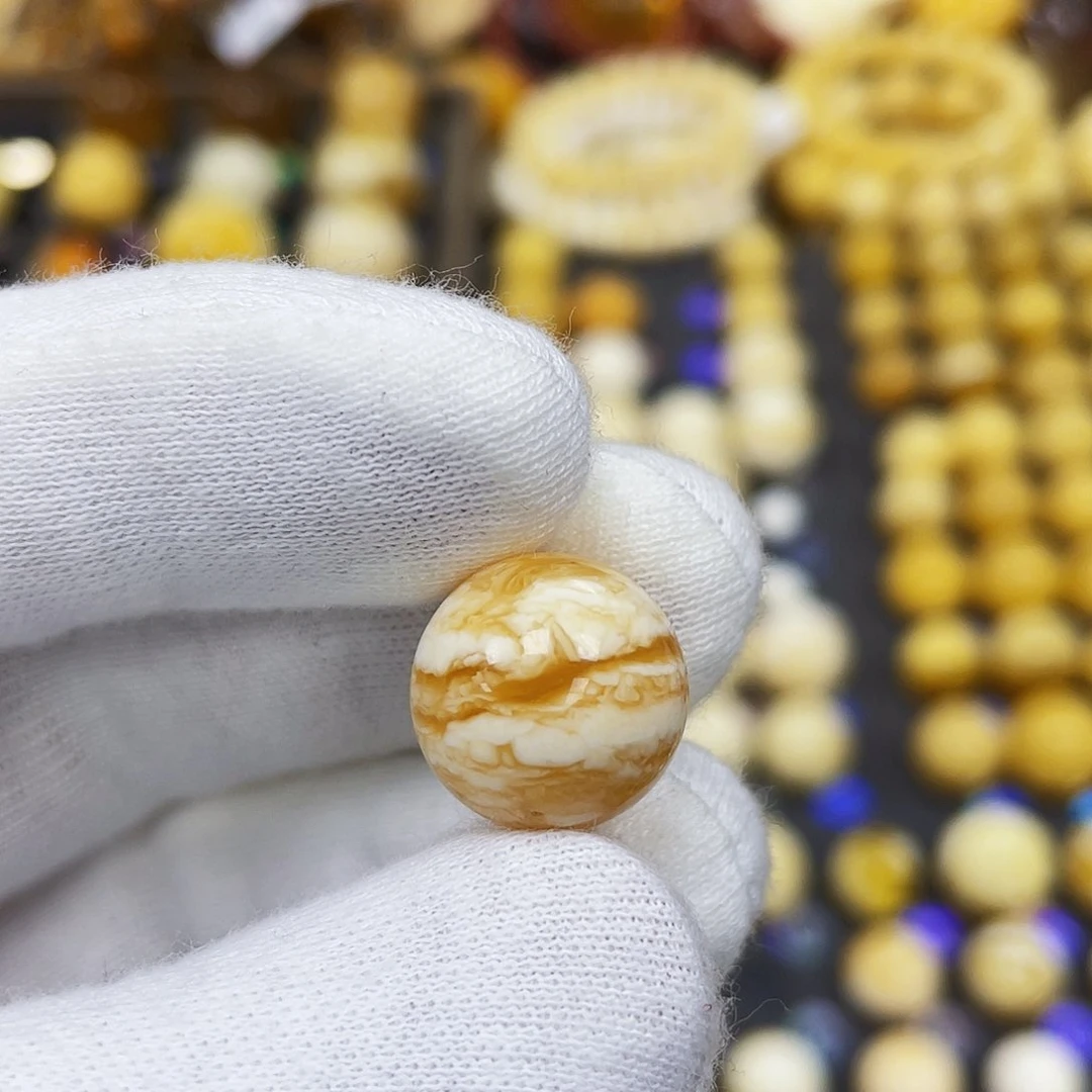 蜜蜡珠宝奇石未镶嵌14.4mm橘紅石膏瓷虎皮蜡｜圆珠·段掌柜