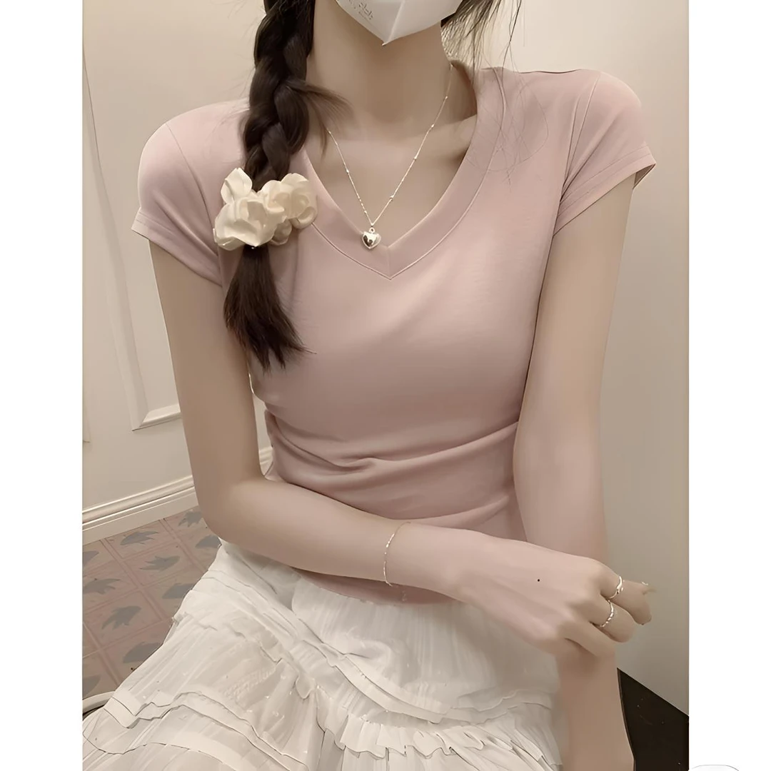 2025夏季新款V领正肩短袖T桖薄款修身显瘦掐腰别致小衫短袖女上衣