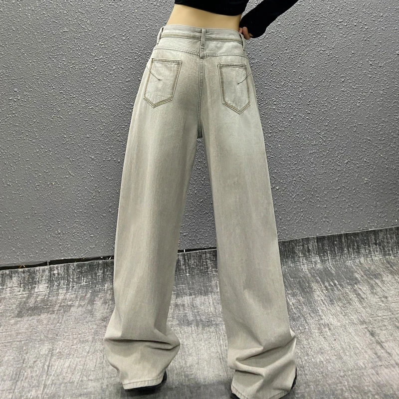 拼色装饰垂感水洗休闲牛仔裤女春新款高腰宽松显瘦百搭直筒阔腿裤