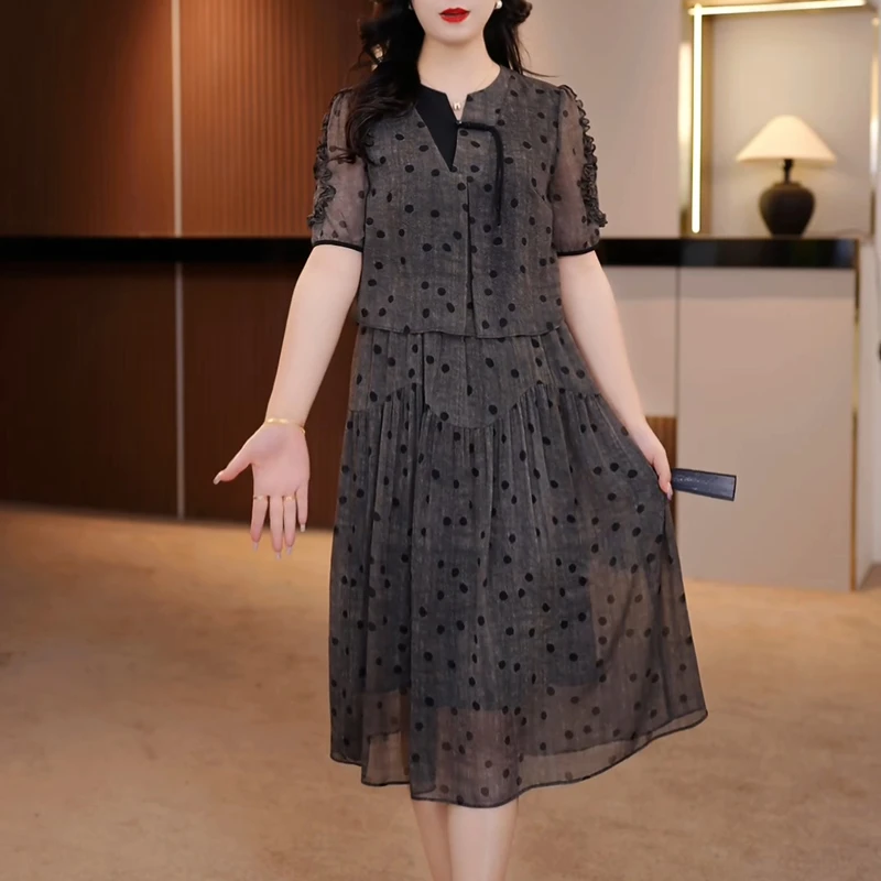 假两件波点时尚简约宽松大码连衣裙2025夏季新款新中式胖妈妈裙子