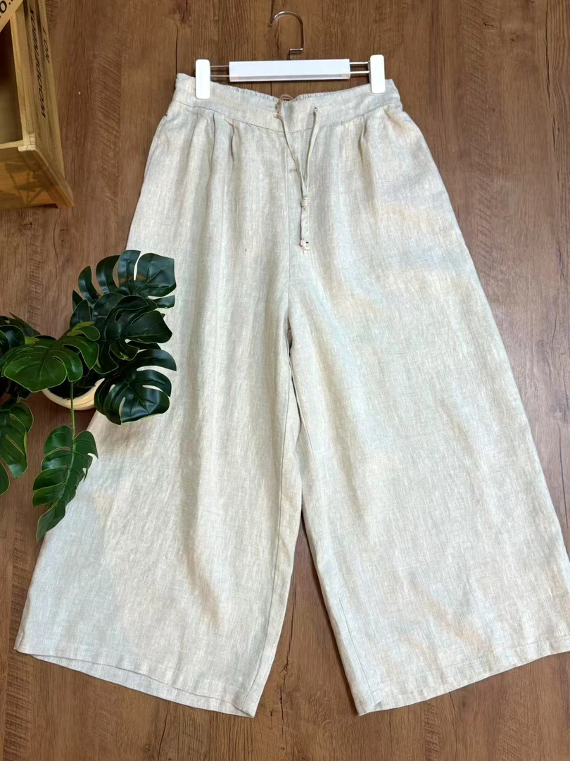 【云目悠悠】春夏季汉麻时尚休闲百搭设计系带阔腿裤-202592