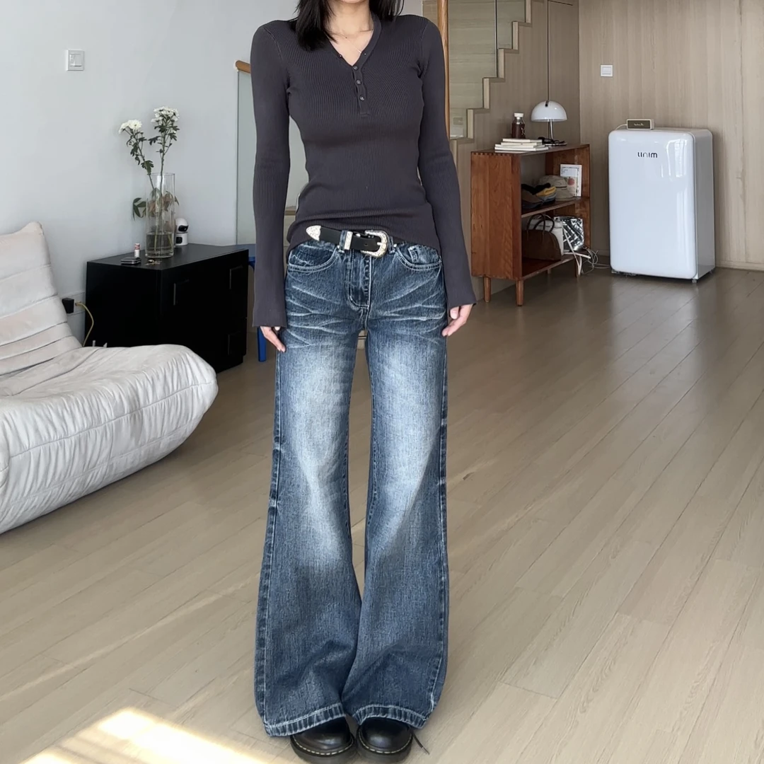 【Q】Q244284美式复古阔腿盖脚直筒宽松百搭高腰水洗牛仔裤