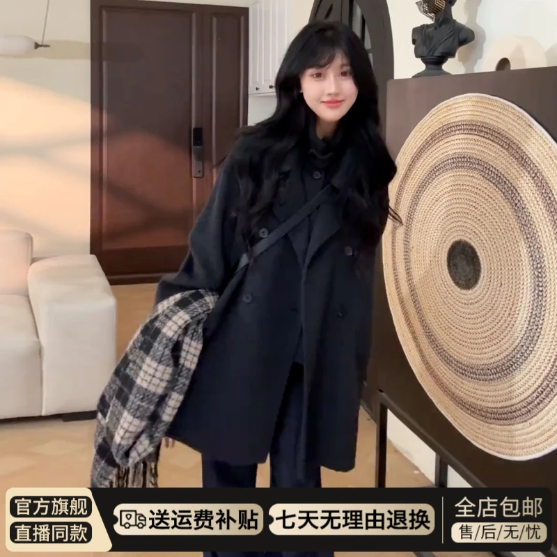2025新款韩系高级感黑色短款毛呢外套女秋冬季小个子加厚呢子大衣