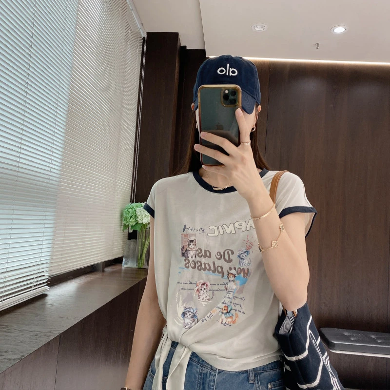 IMFLY金小金自制女装 莱赛尔T恤DYW9319圆领撞色条纹百搭短袖上衣