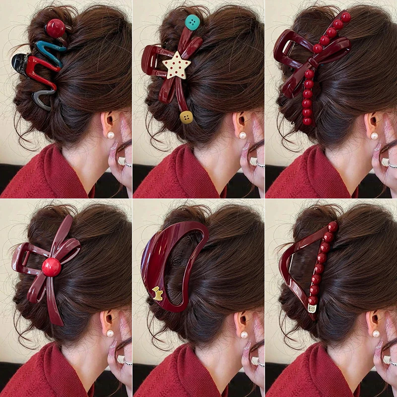 气质新年安可拉红色抓夹女高级感后脑勺发夹盘发鲨鱼夹子发卡头饰