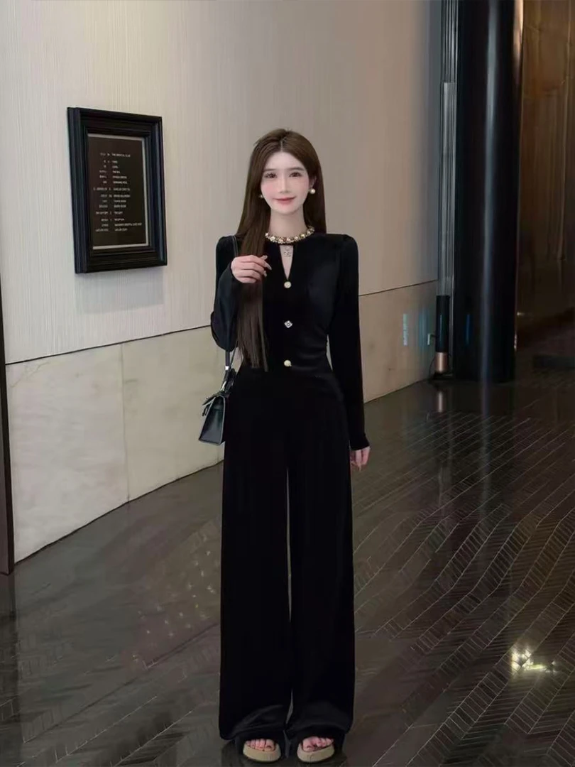 【夜游星光】2025新款秋冬套装女韩系丝绒上衣显瘦休闲裤时尚两件套