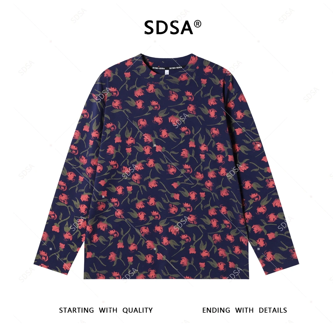 SDSA男士秋冬新款轻奢痞帅男装撞色植物花卉印花满印圆领长袖T恤