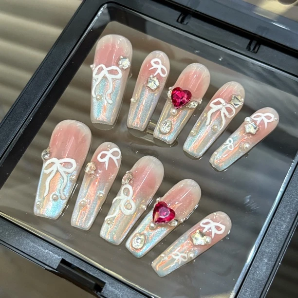 纯手工【甜美极光】高级梦幻少女心粘钻长款猫眼渐变奢华穿戴甲