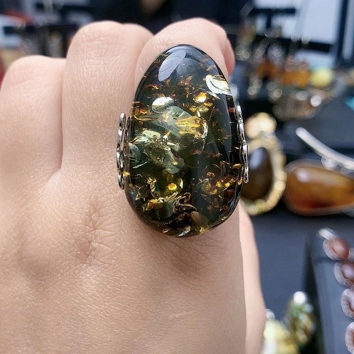 琥珀裸石银S925镶嵌戒指