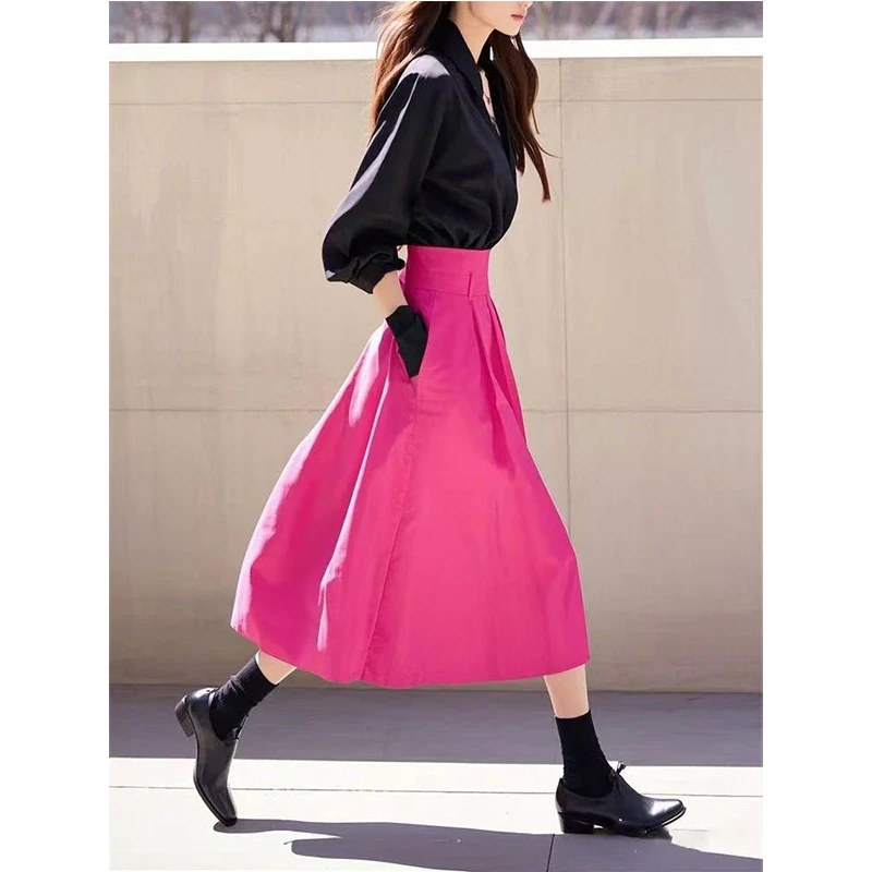 2025春季新款时尚气质复古黑色上衣中长半身裙高腰玫红色裙子套装