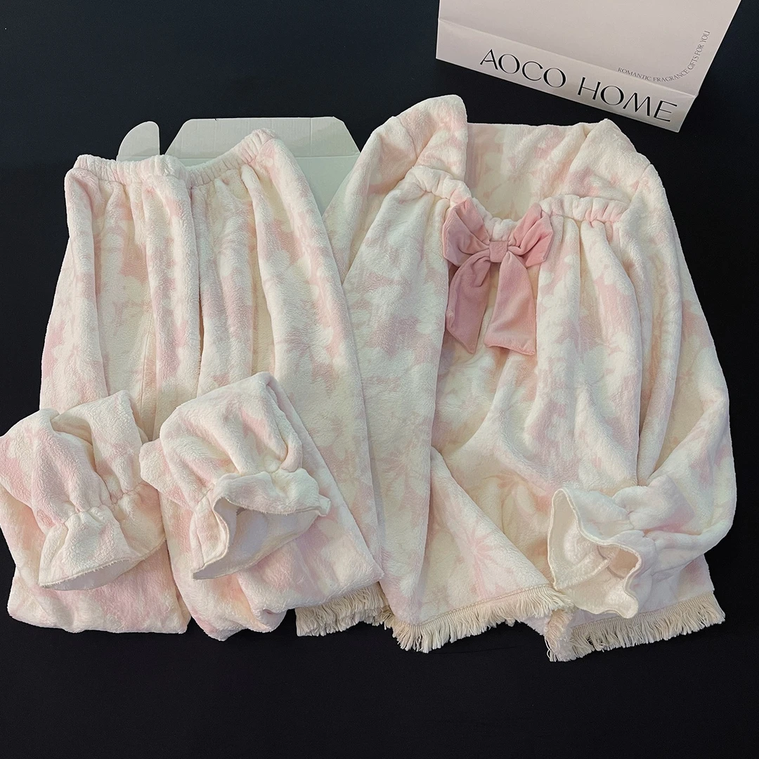 粉色蝴蝶结睡衣女冬季新款珊瑚绒加厚保暖甜美花边休闲家居服套装