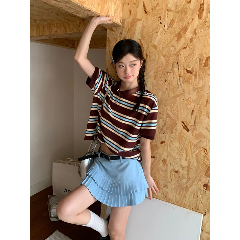 美式复古条纹polo领短袖t恤女夏季宽松慵懒风短款上衣SH210