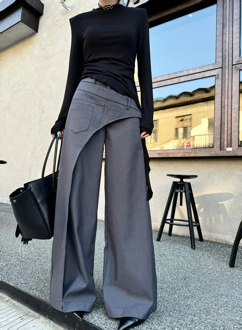 邓蕾婷【小众文化】宽松显瘦时尚高腰不规则斜拼设计阔腿裤裤子