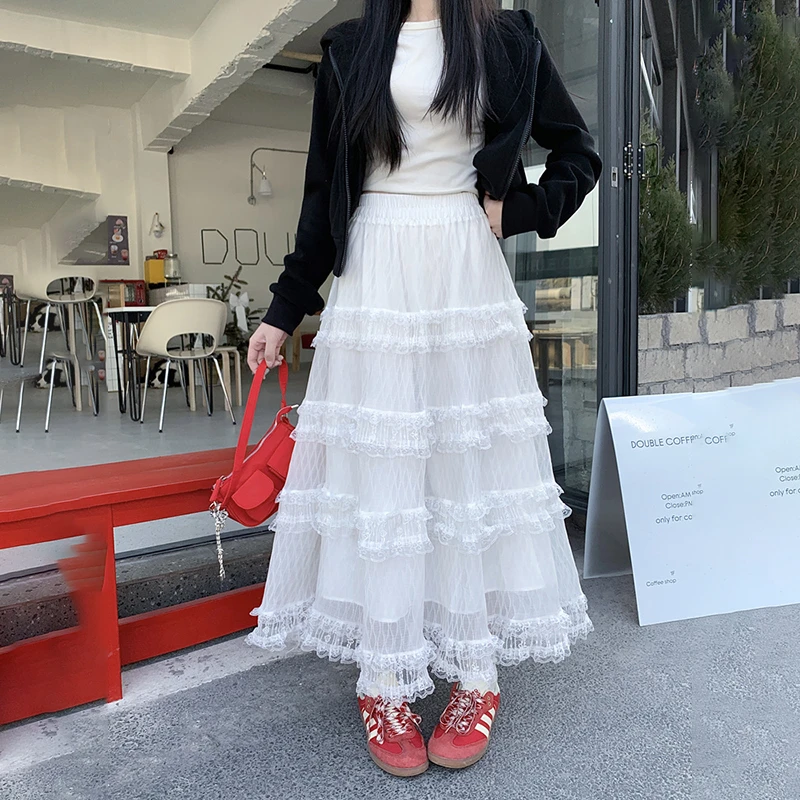 【2025春季新款蕾丝木耳边拼接蛋糕裙】高腰显瘦百搭层次蓬蓬半身裙