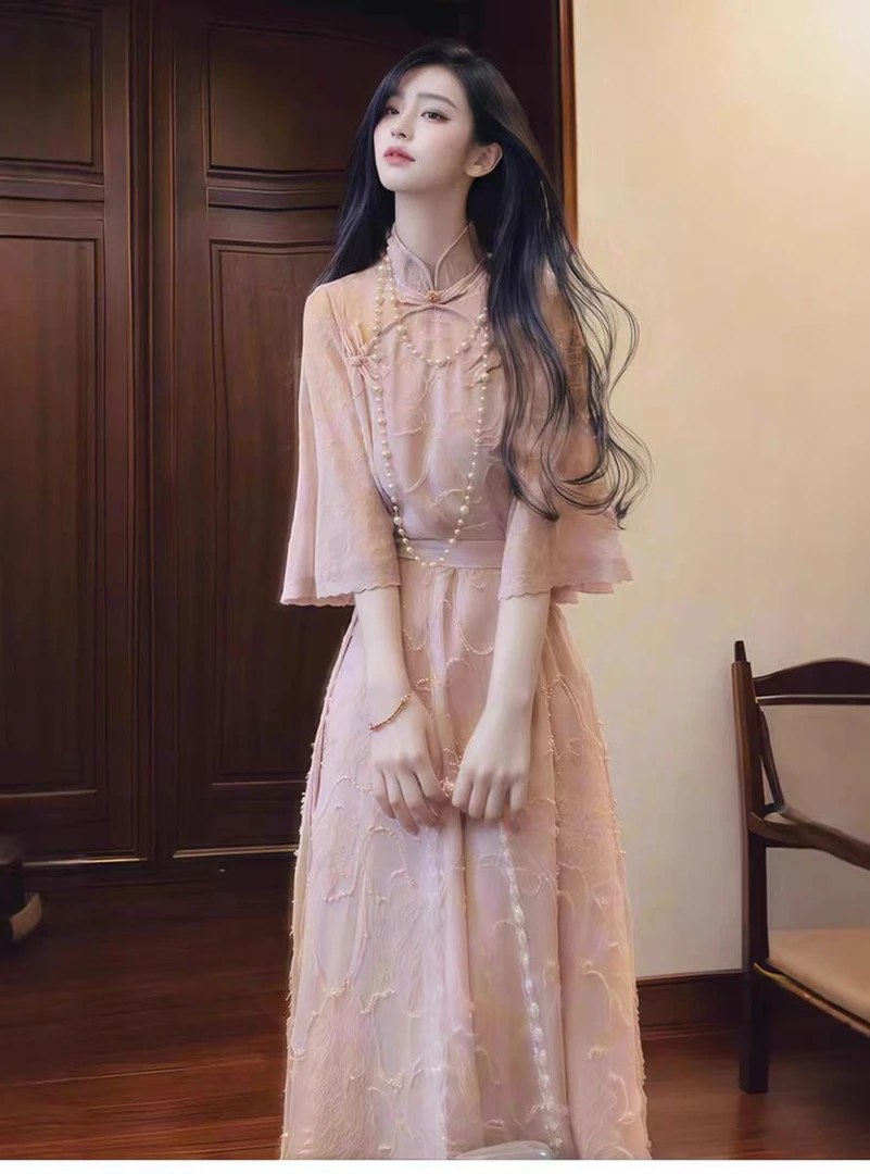 现563-3#新中式国风改良立领旗袍连衣裙女夏季系带收腰甜美中长裙