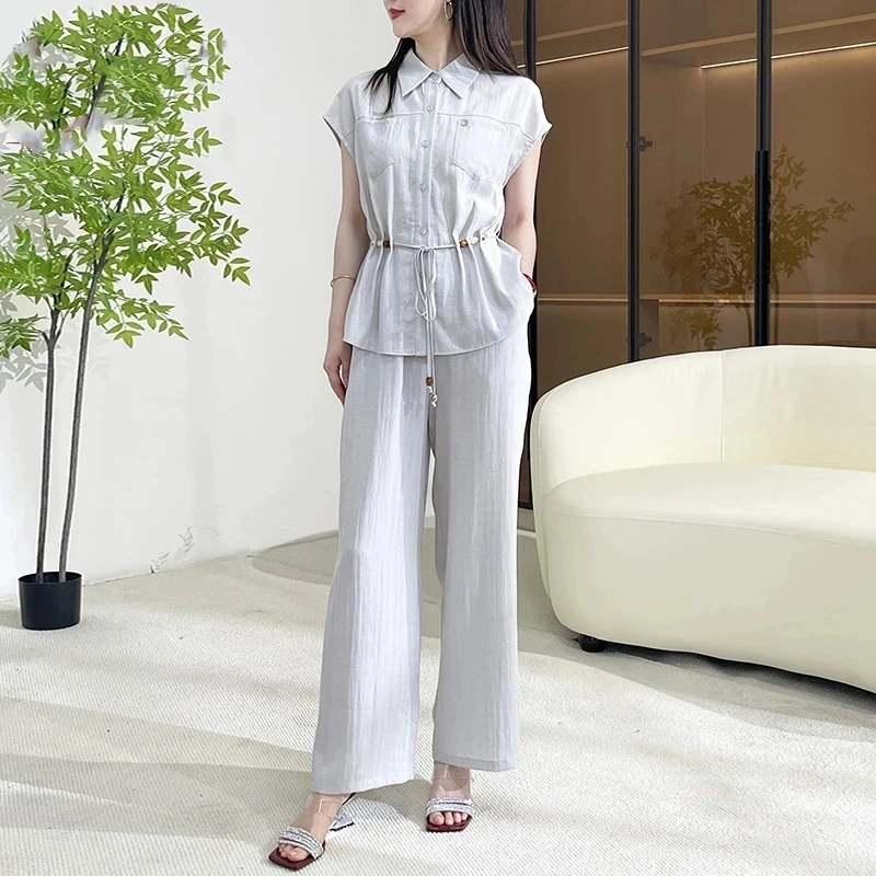 时尚纯色夏季显瘦衬衫套装2025新款收腰气质中年两件套装