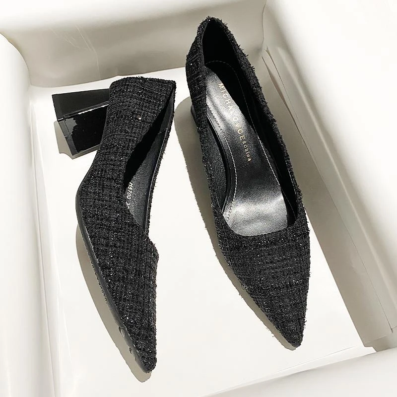 粗跟尖头黑色麻布高跟鞋女款年春季新款软皮软底中跟通勤单鞋