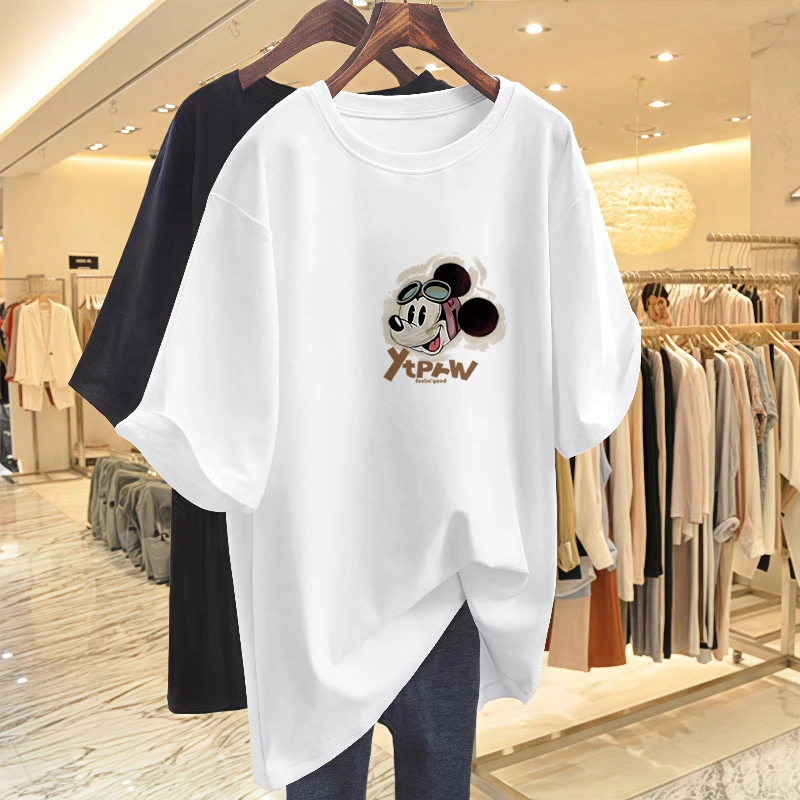 夏季短袖平口下摆T恤女中长款白色2025大码百搭新款休闲显瘦上衣