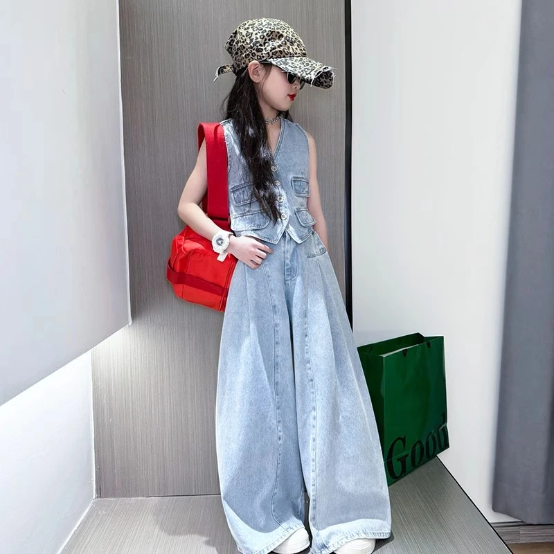 2025夏季新款时尚套装女童气质牛仔马甲无袖上衣高腰阔腿裤两件套