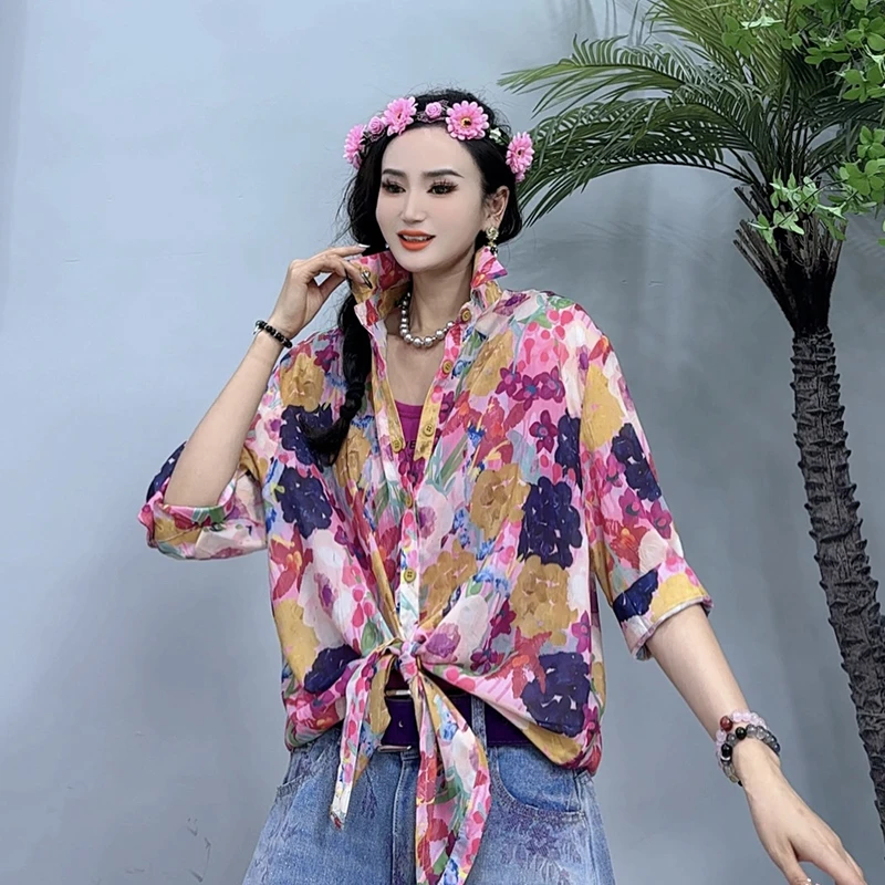 复古港风提花衬衫女夏季设计时尚度假风沙滩休闲上衣花衬衣-9688