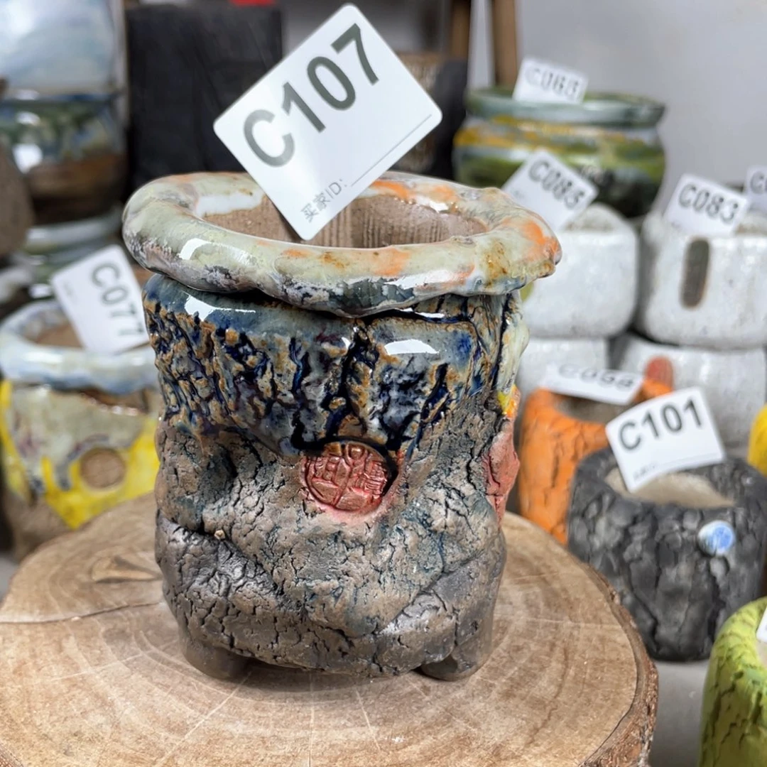 紫砂花盆孤品 不规则油画山石老桩 内口5.5