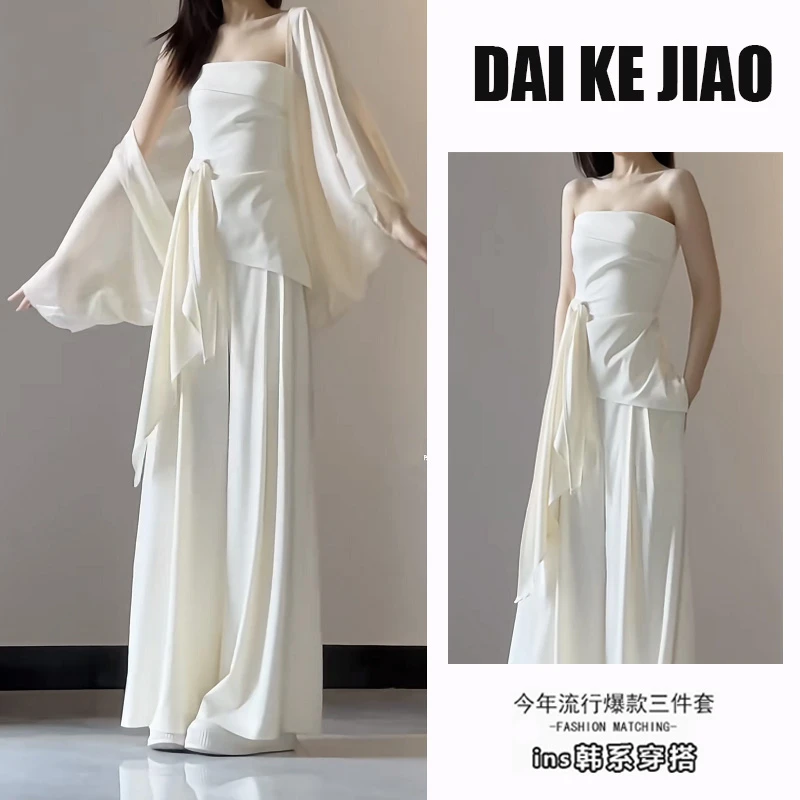 今年流行一整套2025夏季韩系防晒开衫抹胸上衣阔腿休闲裤三件套