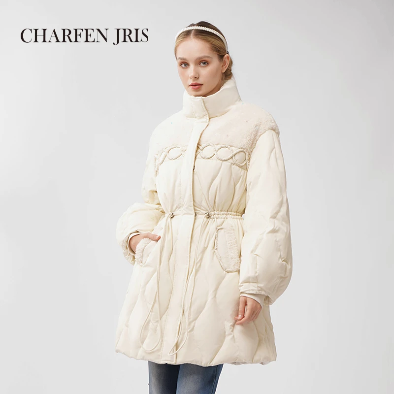 CHARFEN朝峰冬季新款时尚拼毛收腰中长款羽绒外套FJE5E676-6093Y