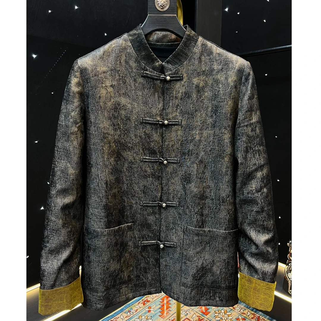 25年新中式男款春季唐装黑金龟裂纹外套立领衬衫