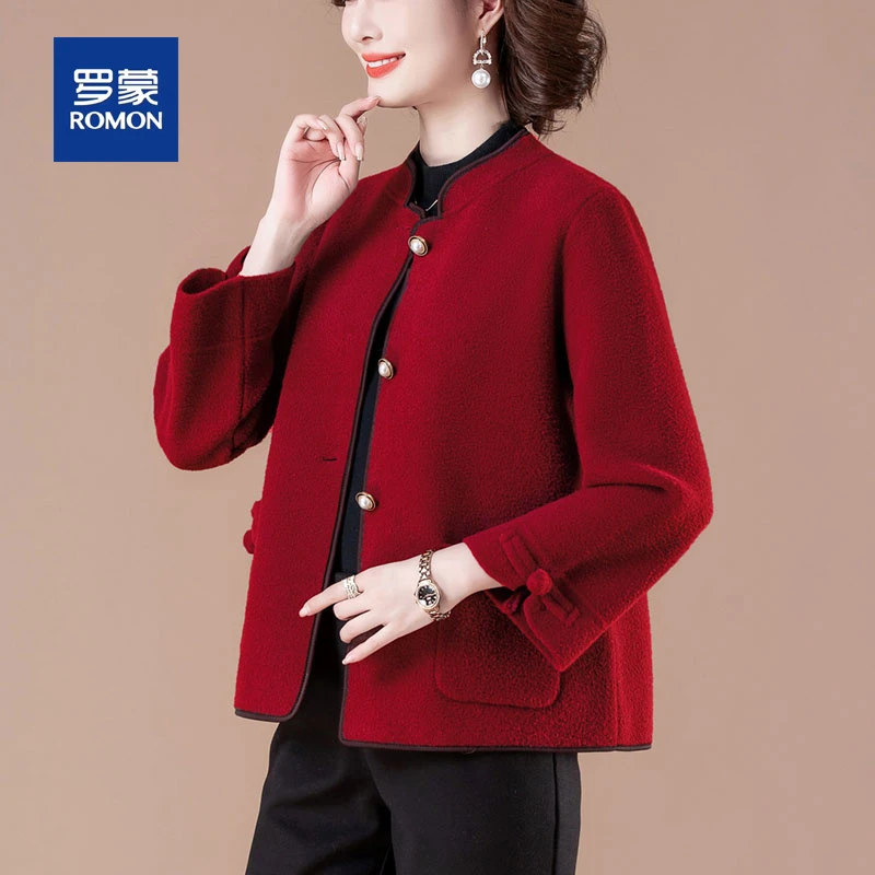 罗蒙小个子妈妈秋冬短款毛呢绒外套喜婆婆中老年女装福态喜庆上衣