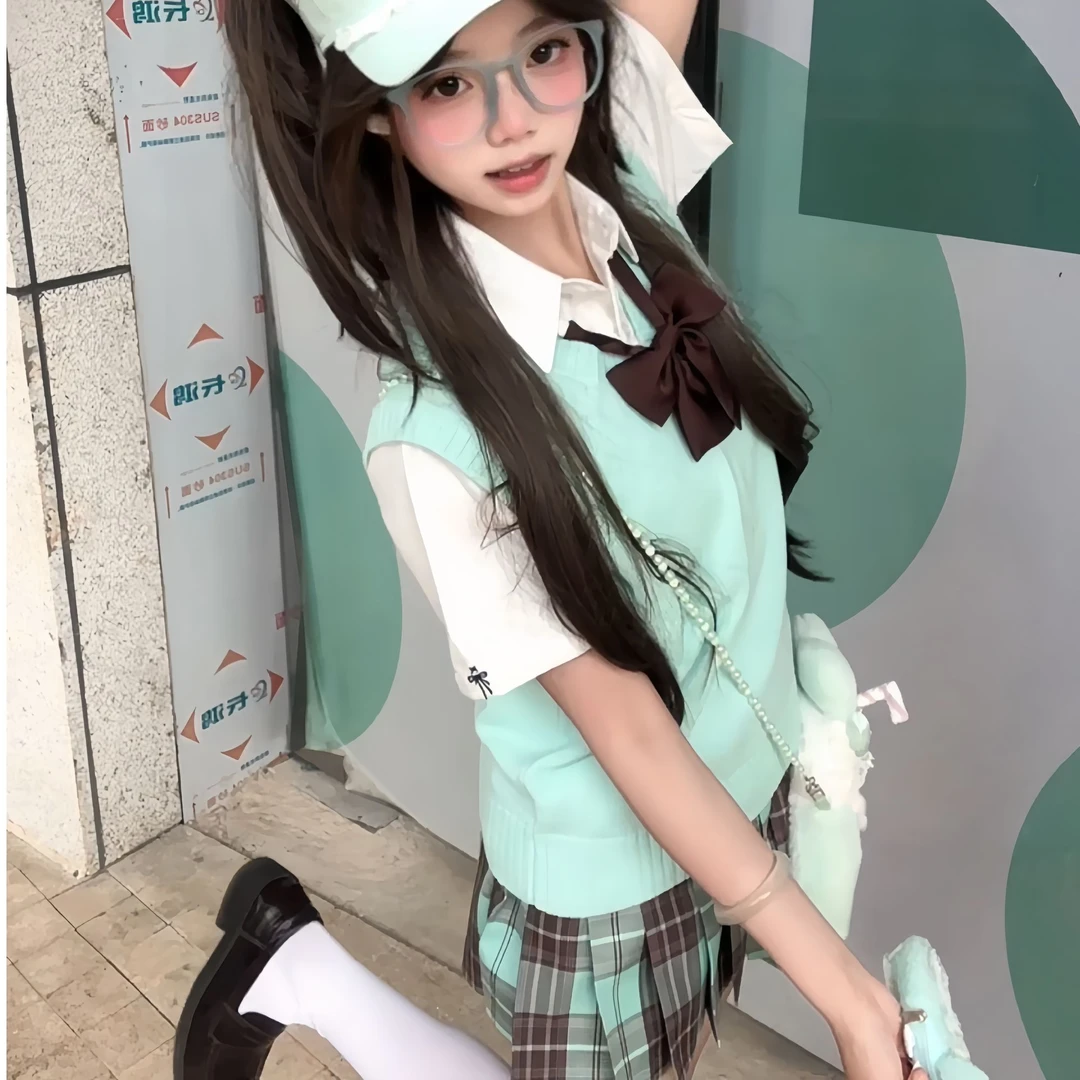 御茶家【正版原创JK·巧心薄荷】显瘦校供制服套装女格裙短裙子秋冬