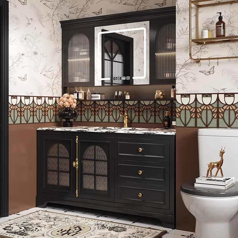 法式美式浴室柜组合实木岩板落地式洗手洗脸盆卫生间洗漱台一体盆