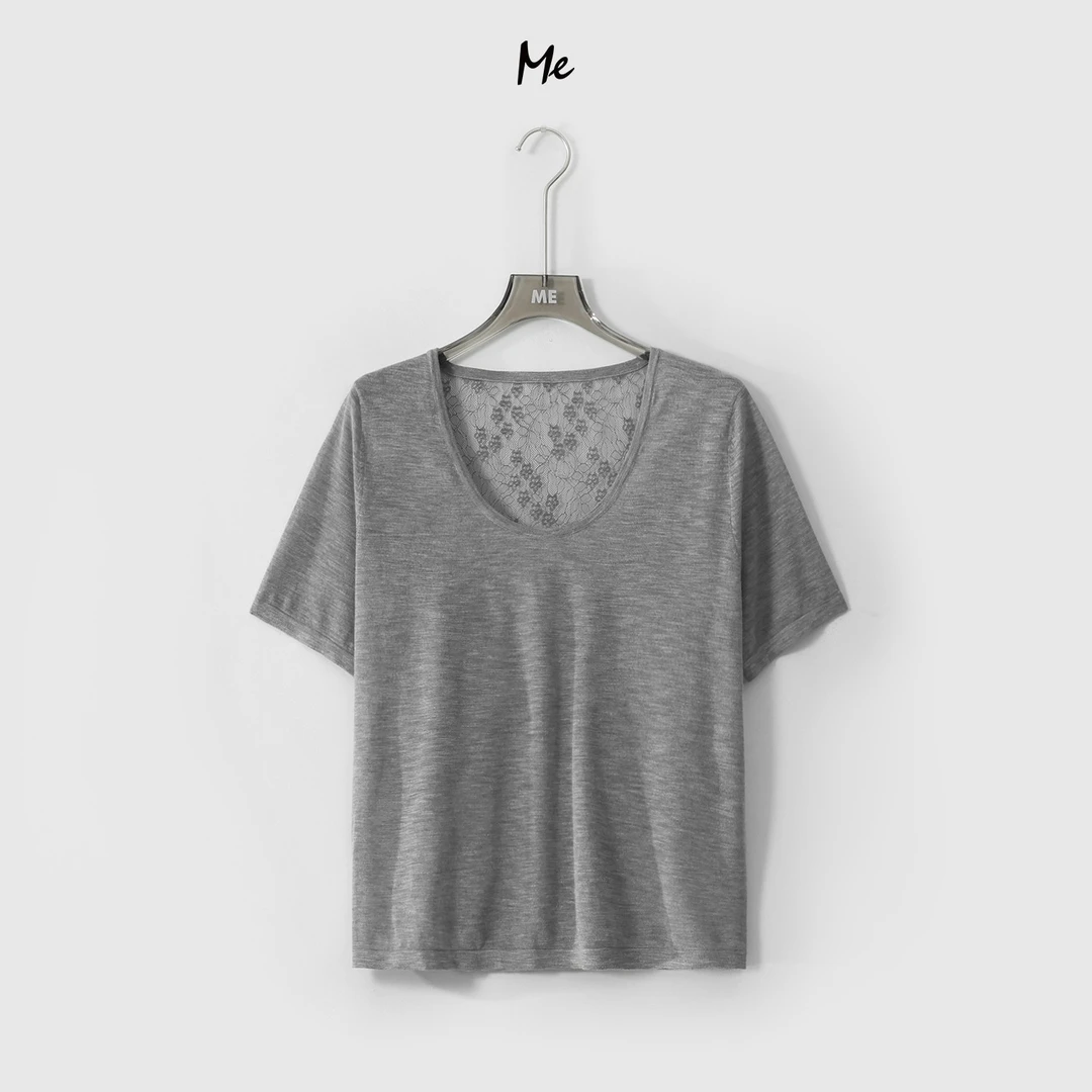 ME【花蕾U背T】重工蕾丝透气遮肉显瘦舒适百搭短袖针织衫MESS2938