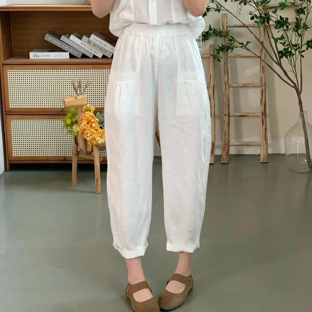 亚麻显瘦时尚休闲百搭宽松松紧腰设计感萝卜裤 DYLJJ 12246