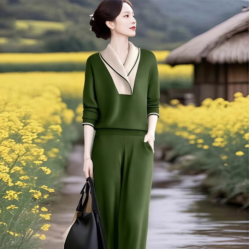 2026春秋新款高级感撞色拼接上衣女高腰洋气优雅直筒休闲裤两件套