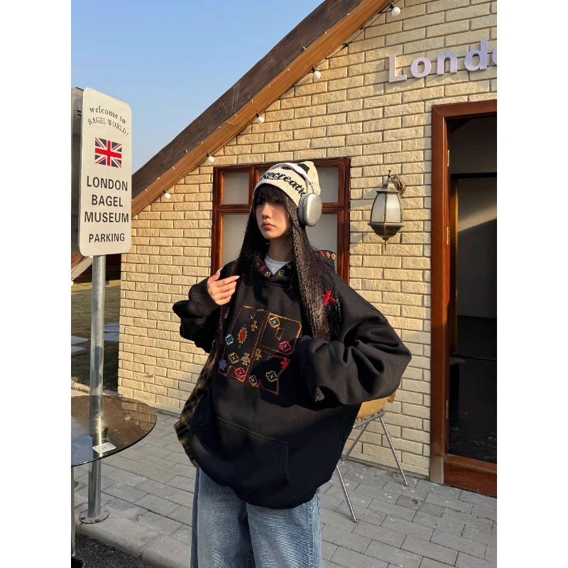 连帽卫衣女潮秋冬新款美式复古长袖宽松学生慵懒风垂坠感情侣外套