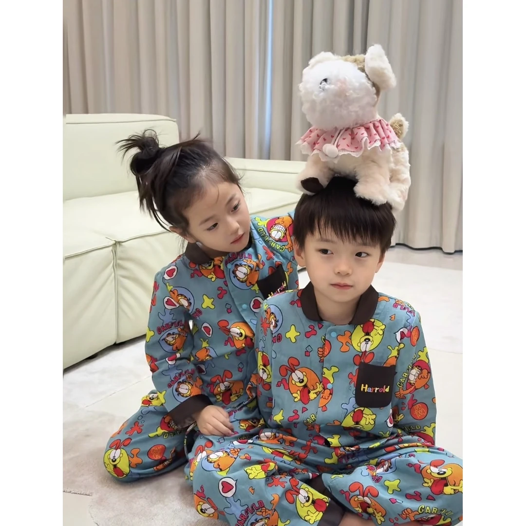 【现货】韩版童装男童女童睡衣套装秋季新款儿童卡通加菲猫家居服潮