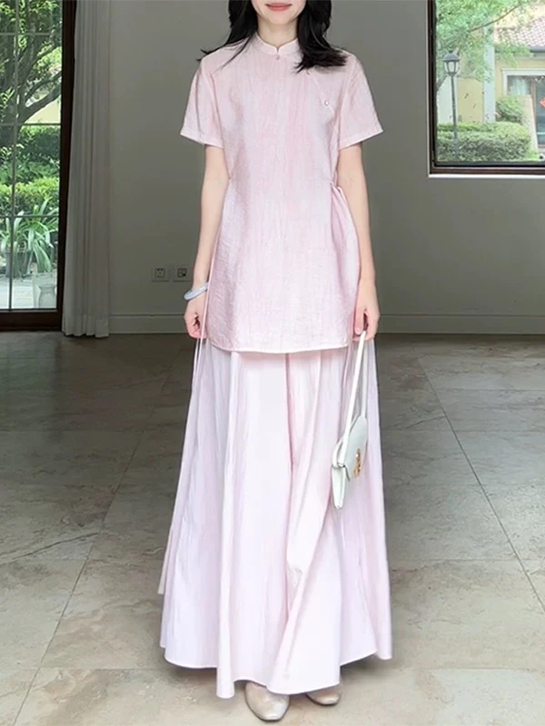 「小吴家」新中式减龄穿搭一整女夏2025新款短袖上衣+裤裙两件套
