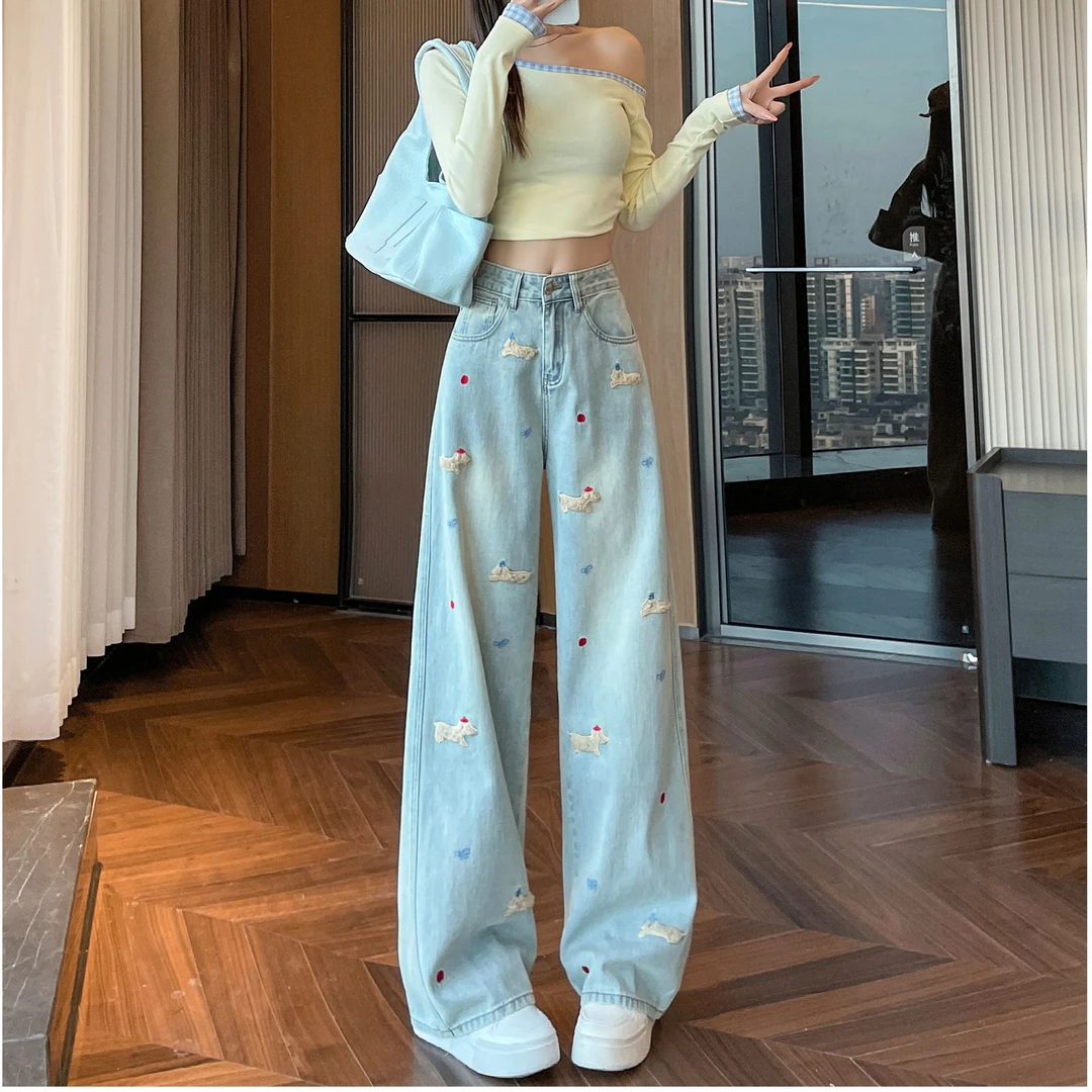 浅蓝色刺绣小狗阔腿牛仔裤女秋冬季2025新款显瘦宽松直筒拖地裤子