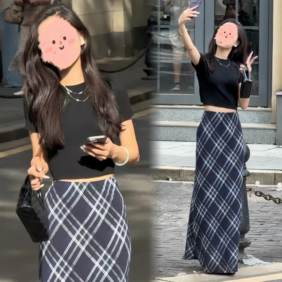 夏季新款港风温柔蓝调格纹复古气质百搭上衣高腰A字半身长裙时尚