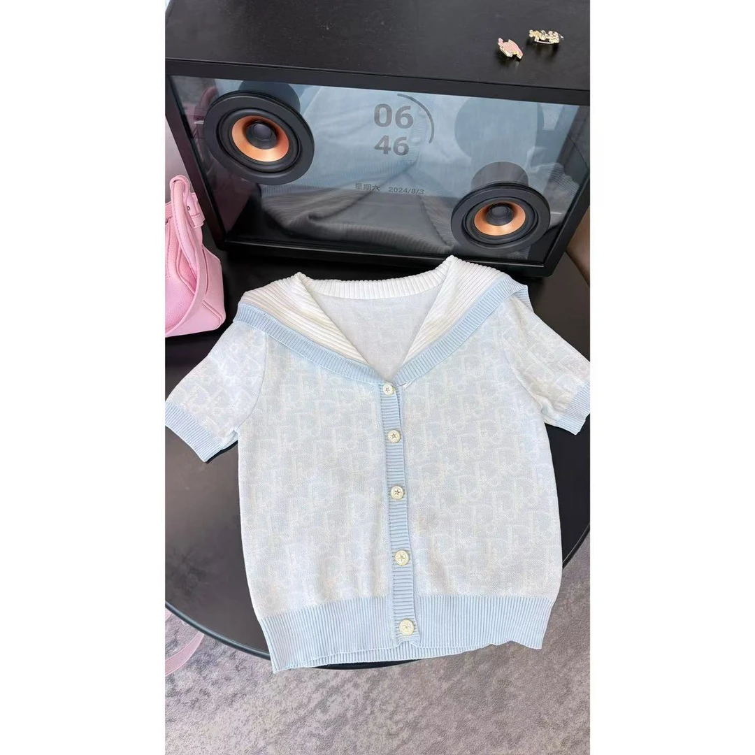 《现货》【D】夏季新品V领短袖单排扣针织开衫上衣Ani-B766