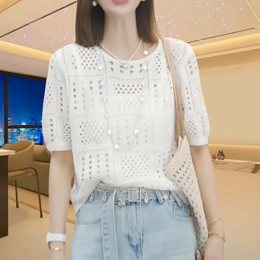 夏季新款宽松显瘦镂空针织衫女2025简约休闲气质时尚设计感上衣