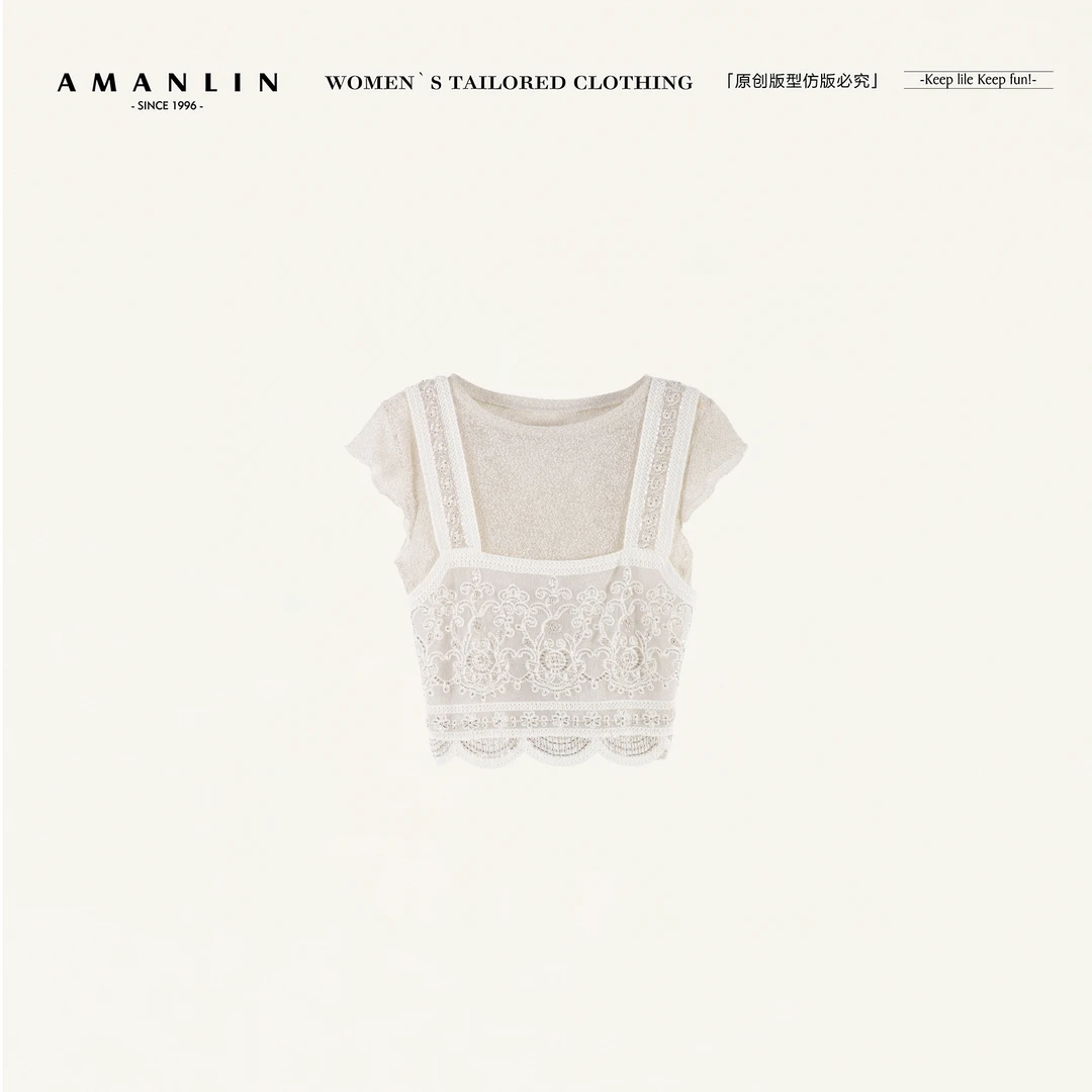 AMANLIN/阿谩琳欧若风网红渡假蕾丝搂空小清新上衣两件套Y596990