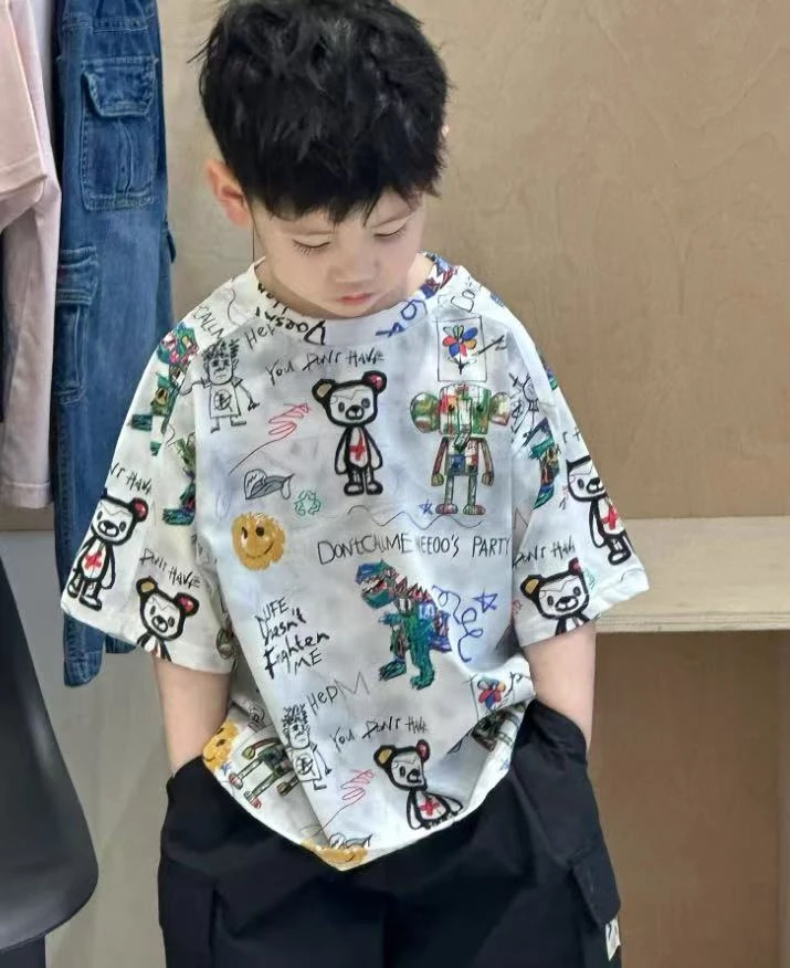 夏季男童卡通大象恐龙印花短袖t恤男宝宝帅气个性休闲潮范上衣