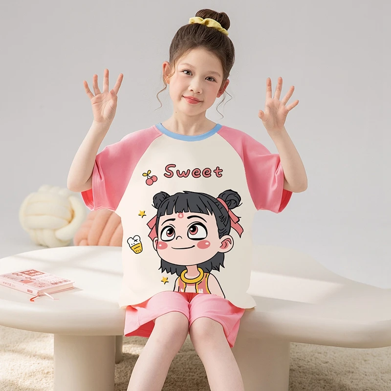 bejirog/北极绒时尚甜美女童圆领夏季新款短袖纯棉居家睡衣两件套