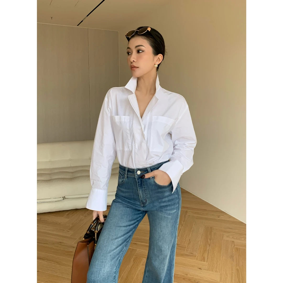JIJINQI时尚气质衬衣春季设计感百搭白色长袖宽松衬衫JC12CZPT723