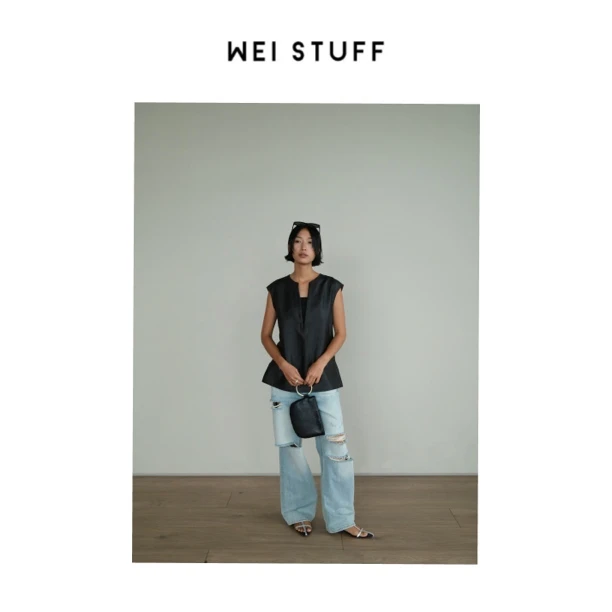 WEI STUFF  中式复古V领无袖香云纱马甲背心 6747.  S