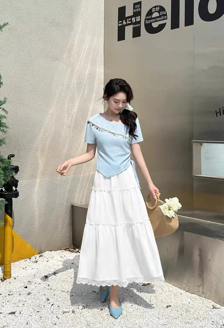 波西米亚风套装阔腿白色短袖法式民族风时尚套装高腰时尚