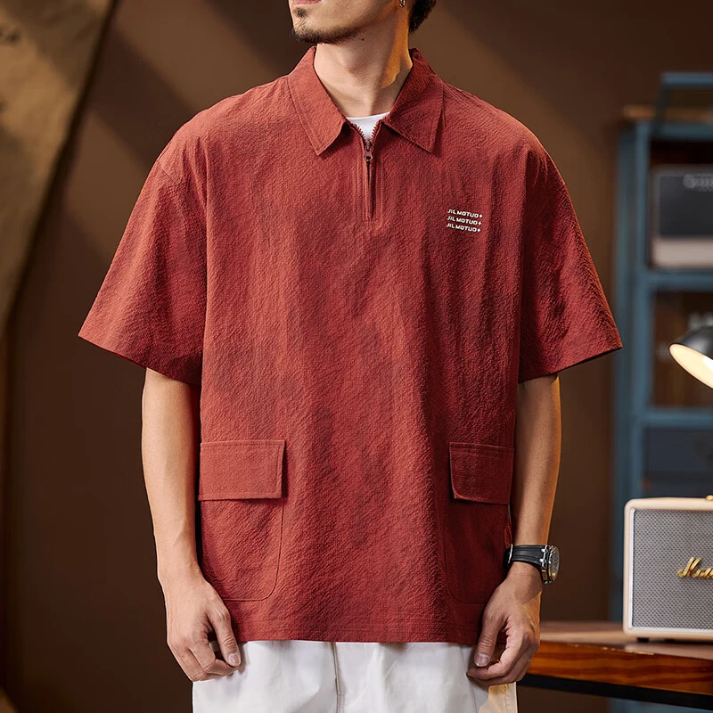 美式半拉链开胸翻领短袖T恤男夏季宽松2025新款冰丝速干半袖上衣