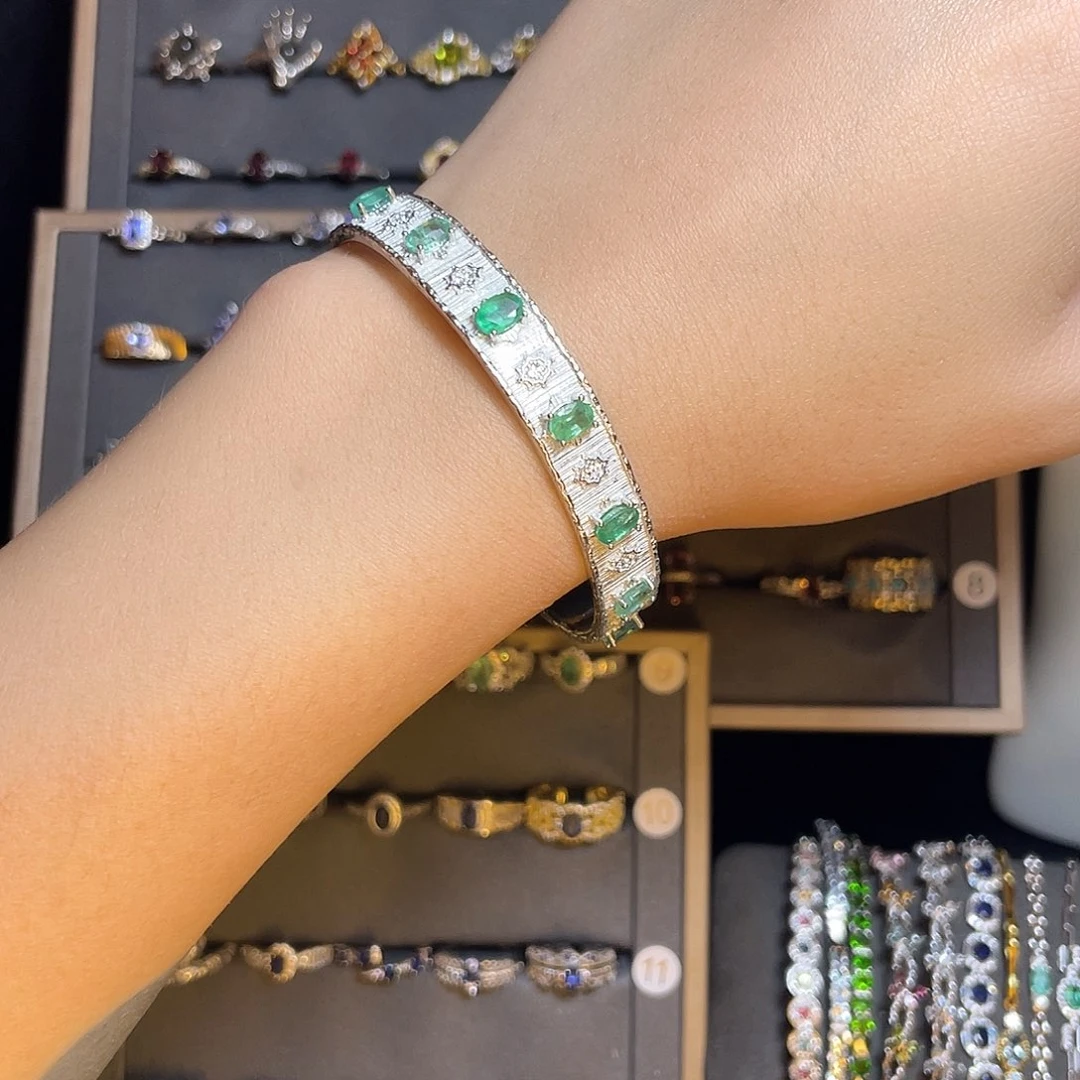 祖母绿手镯银S925镶嵌