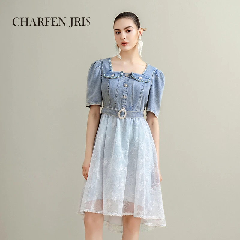 【夏天专享】朝峰春夏季新款复古方领拼接牛仔连衣裙FJE2G650-6086G